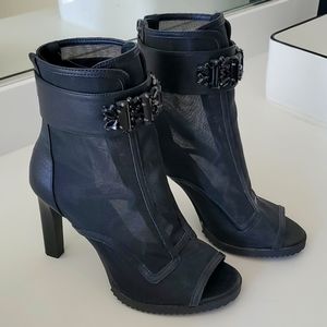 Designer Karl Lagerfelds Embellished Peep Toe bootie ankle boots black mesh